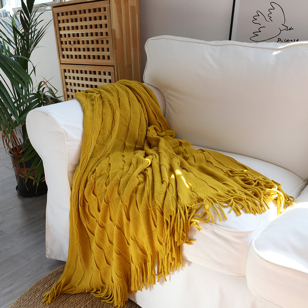 Textured Knitted Throw Blanket Cube Design with Tassels - Mustard 