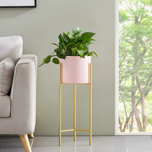 2 Layer Gold Metal Corner Plant Stand with Pink Flower Pot Holder - 42cm