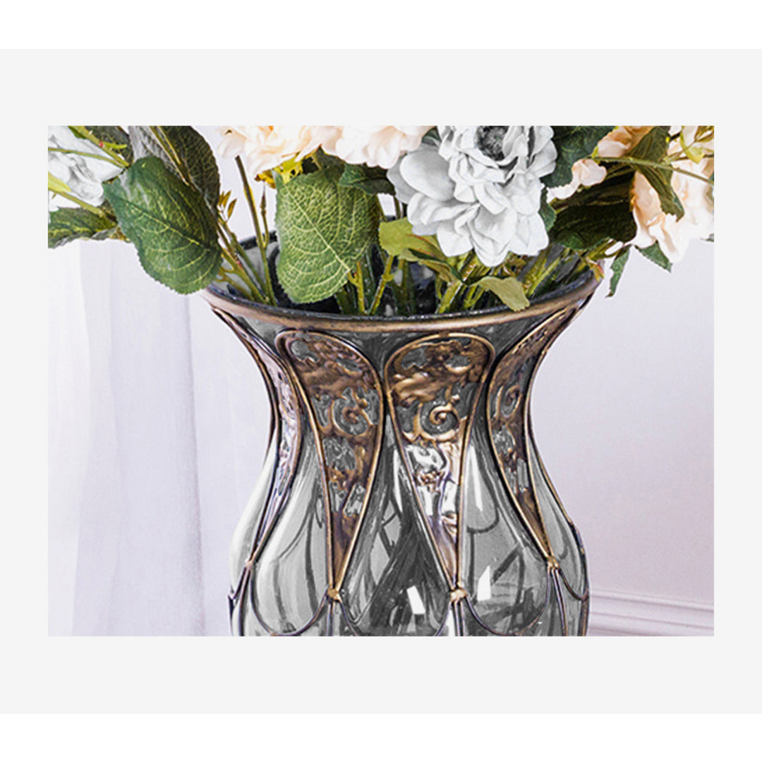 European Clear Glass Floor Flower Vase with Tall Metal Stand - 85cm tall