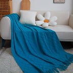 Throw Blanket Diamond Pattern Knitted Throw with Tassels - Blue