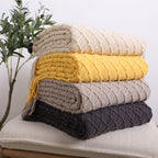 Throw Blanket Diamond Pattern Knitted Throw with Tassels - Beige
