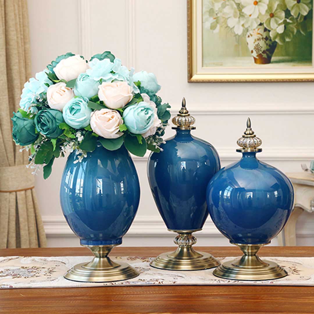Dark Blue Ceramic Oval Flower Vase with Gold Metal Base - 38cm tall
