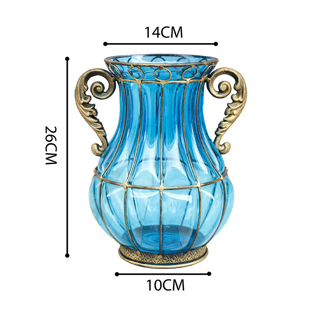 European Blue Glass Flower Vase with Two Metal Handles - 26cm tall