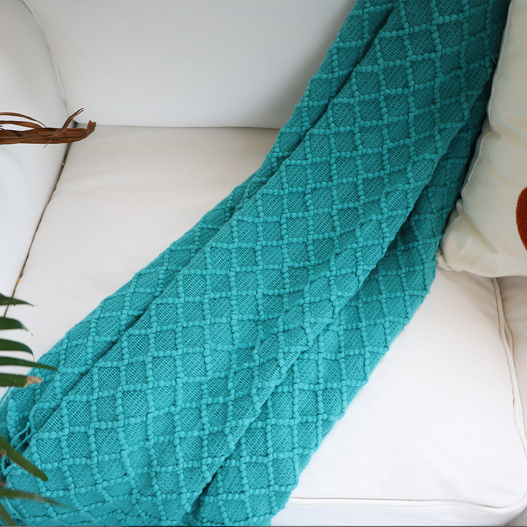 Throw Blanket Diamond Pattern Knitted with Tassels - Teal