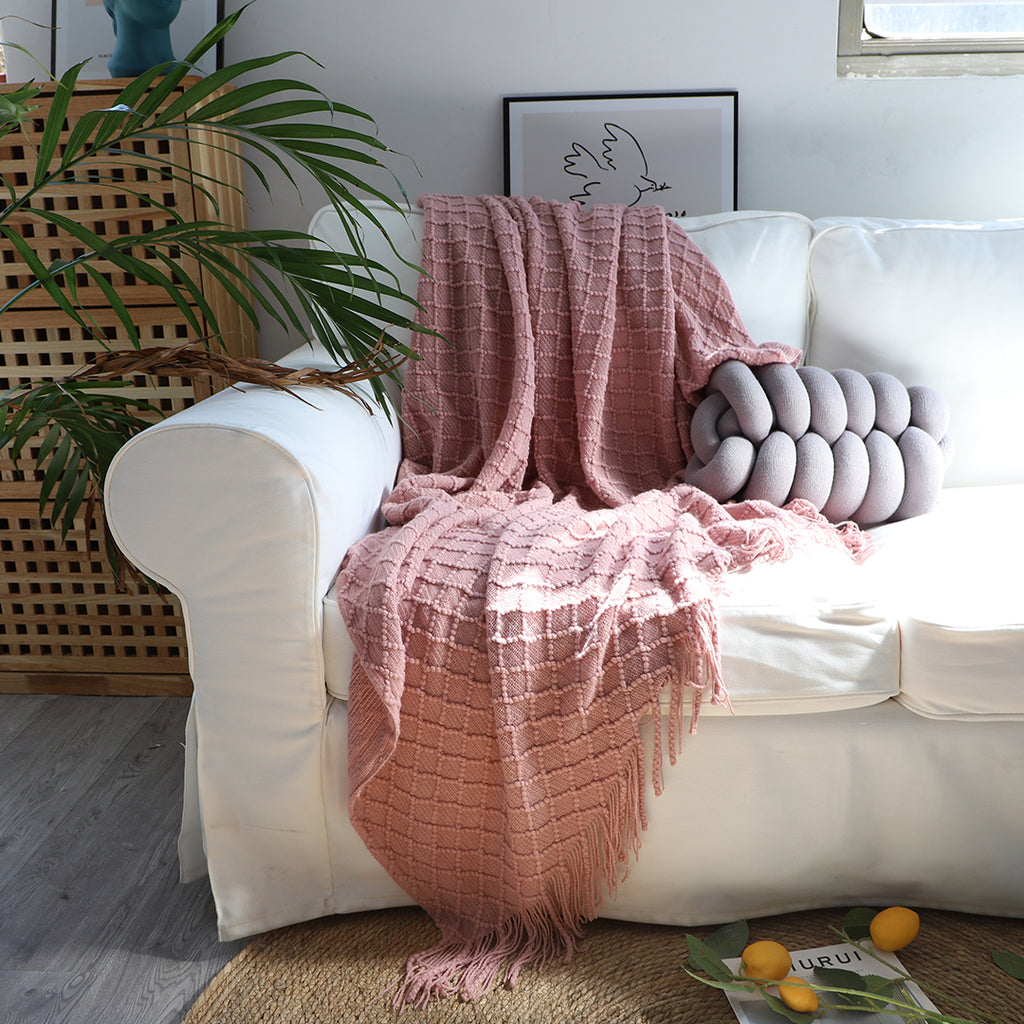 Throw Blanket Diamond Pattern Knitted with Tassels - Pink