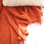 Throw Blanket Diamond Pattern Knitted Throw with Tassels - Red
