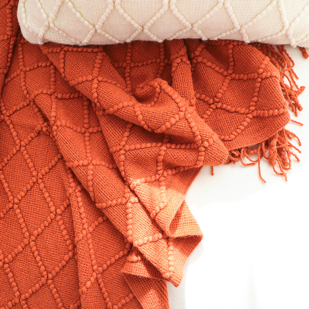 Throw Blanket Diamond Pattern Knitted Throw with Tassels - Red