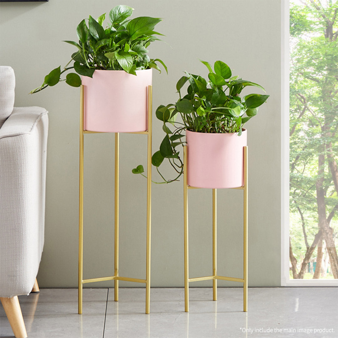 2 Layer Gold Metal Corner Plant Stand with Pink Pot Holder - 60cm