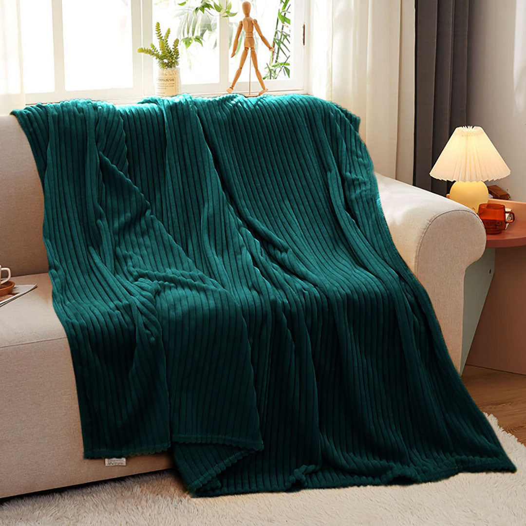 Throw Blanket Knitted Striped Pattern - Dark Green