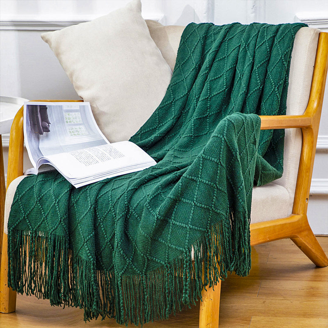 Throw Blanket Diamond Pattern Knitted Throw with Tassels - Green