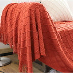 Throw Blanket Diamond Pattern Knitted Throw with Tassels - Red