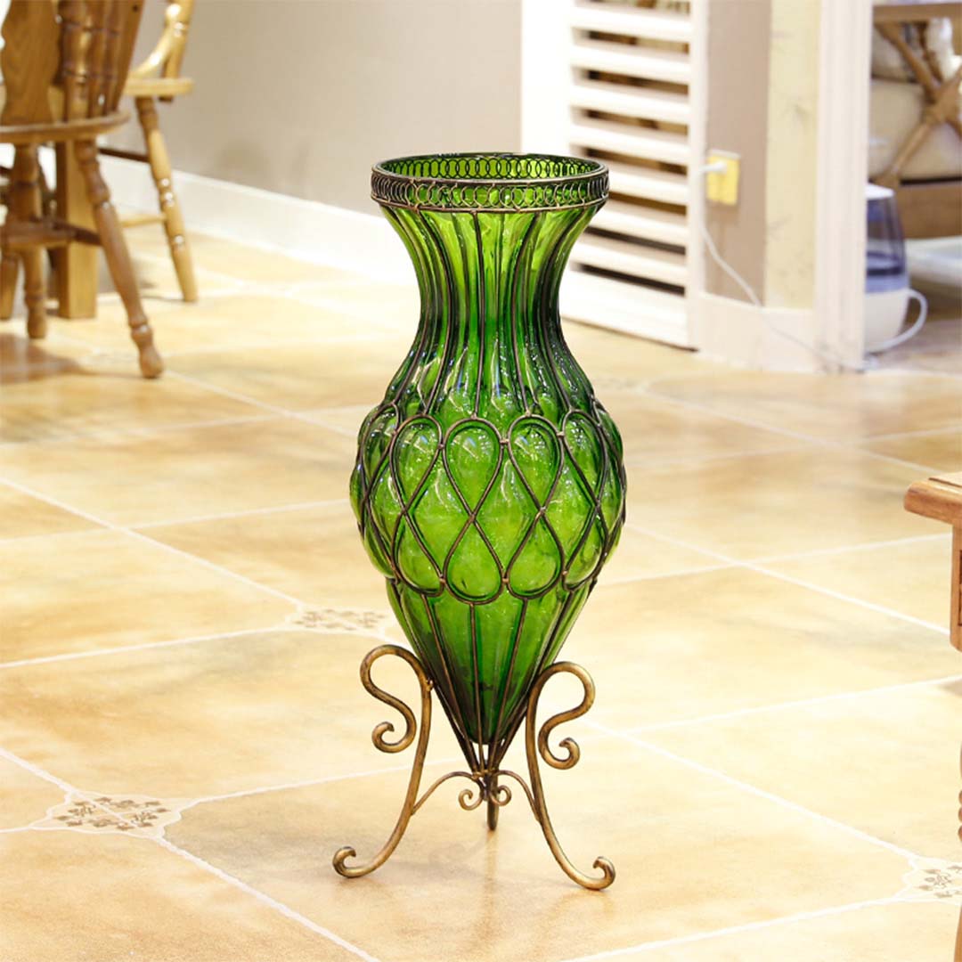 Green Glass Tall Floor Vase with Metal Flower Stand - 67cm tall