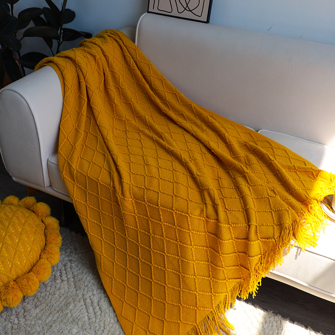 Yellow Diamond Pattern Knitted Throw with Tassels - Yellow