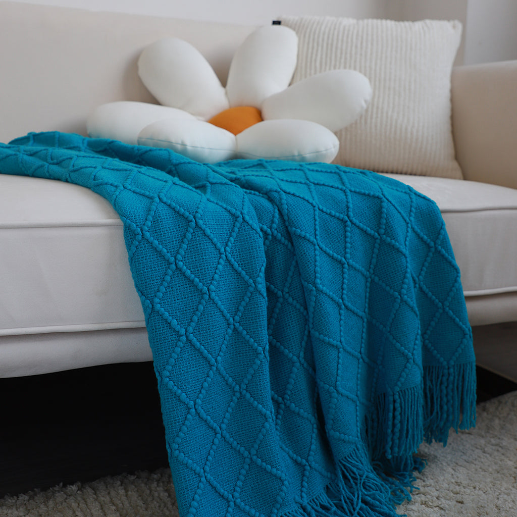 Throw Blanket Diamond Pattern Knitted Throw with Tassels - Blue