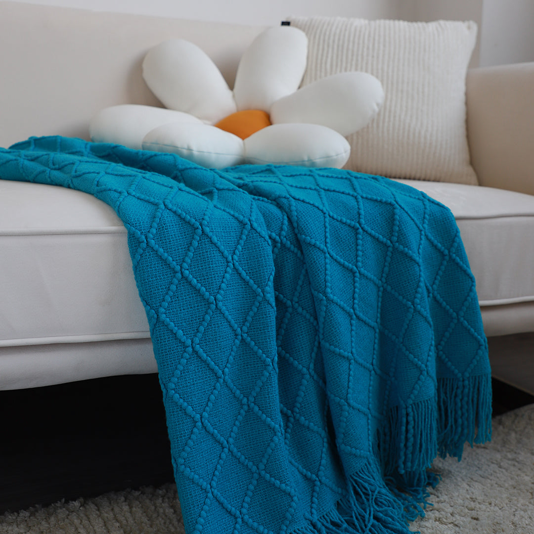 Throw Blanket Diamond Pattern Knitted Throw with Tassels - Blue