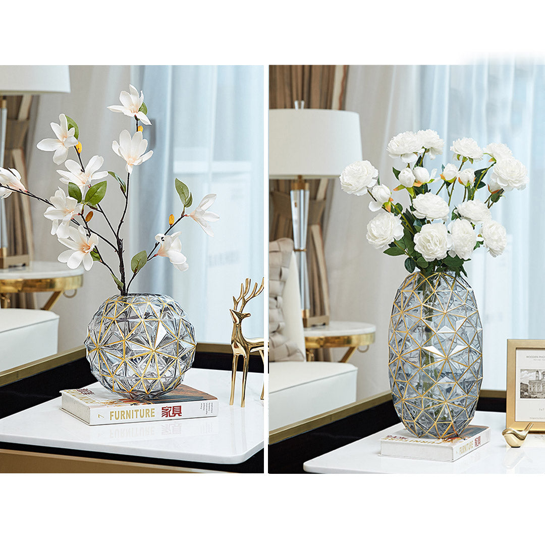 Set of Diamond Cut Glass Tall Vase & Round Jar with Gold Accent - grey