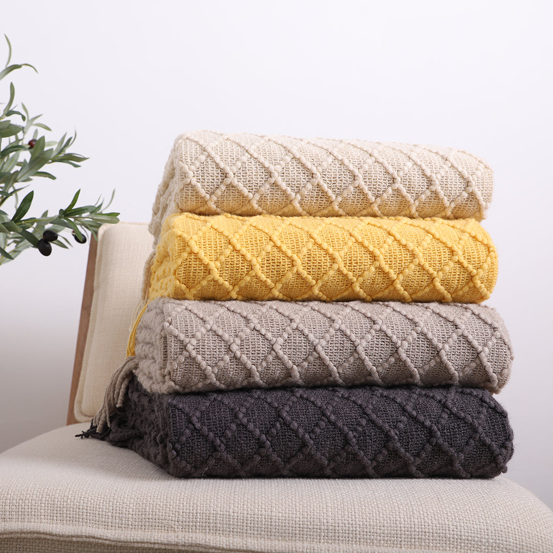 Throw Blanket Diamond Pattern Knitted Throw with Tassels - Beige