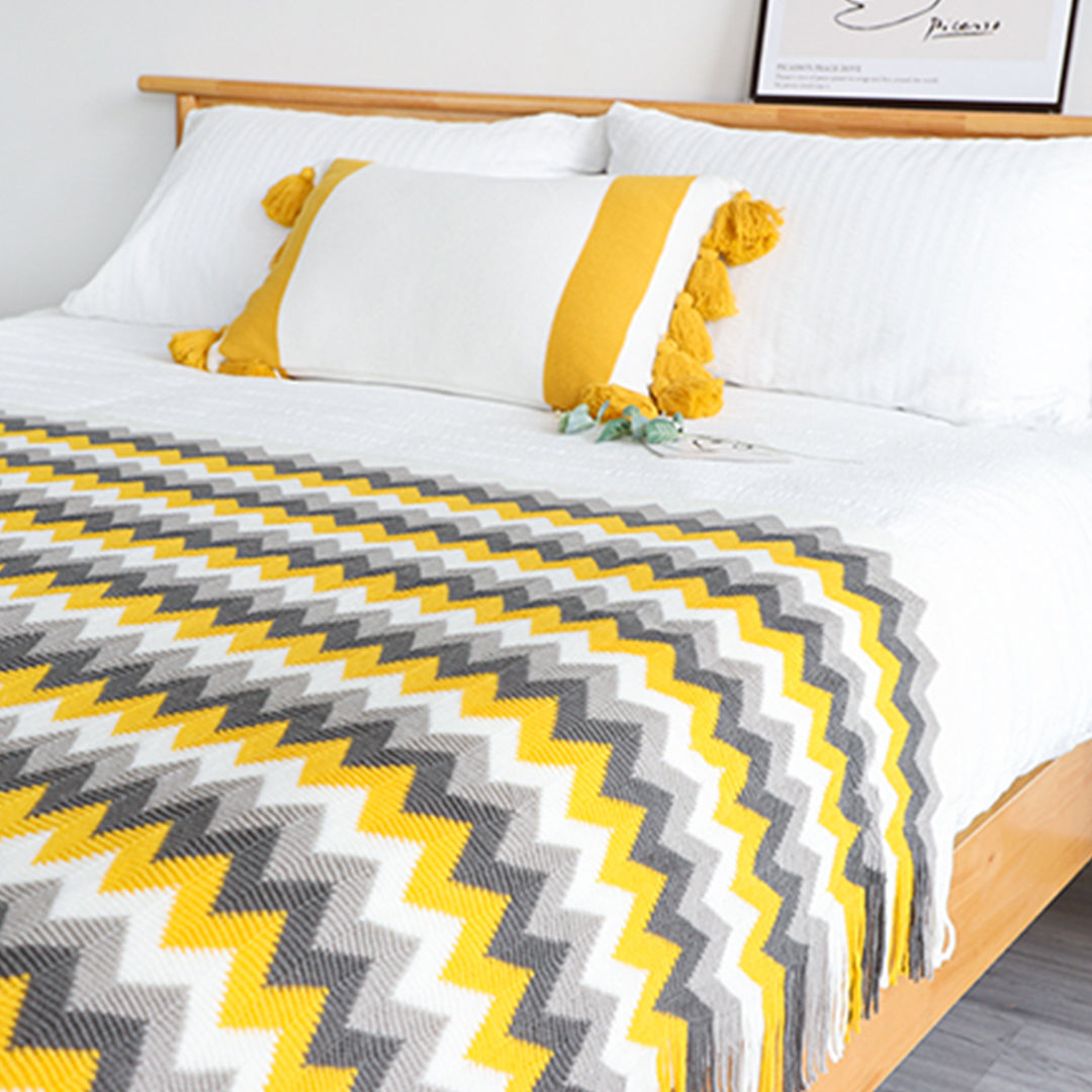  Zigzag Striped Acrylic Wave Knitted Throw Blanket Fringed - Yellow