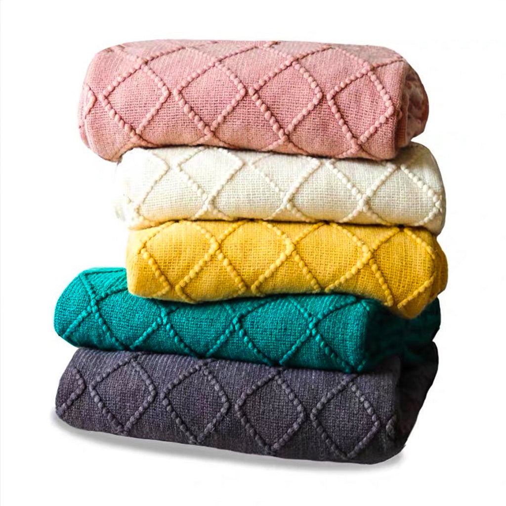 Throw Blanket Diamond Pattern Knitted Throw with Tassels - Green