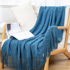 Throw Blanket Diamond Pattern Knitted Throw with Tassels - Blue