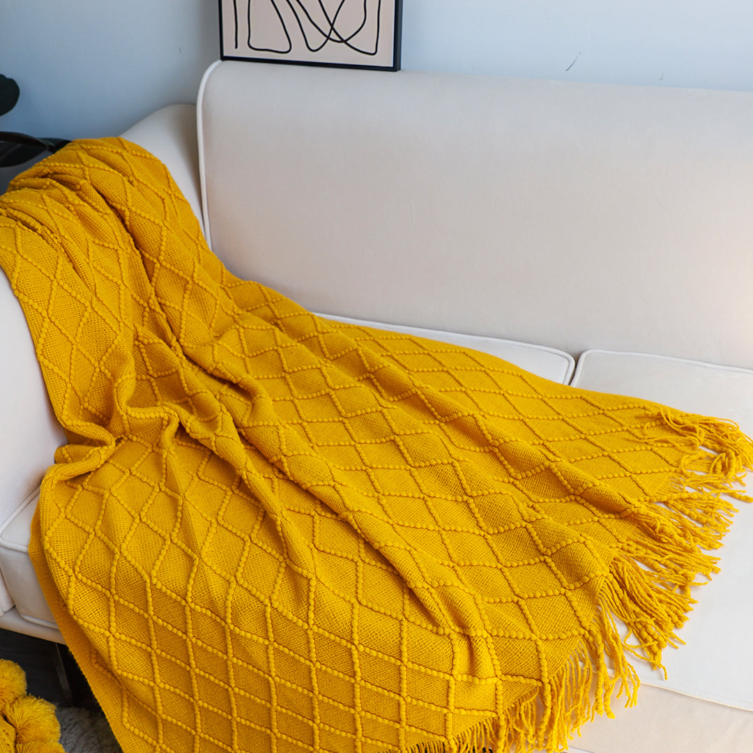 Yellow Diamond Pattern Knitted Throw with Tassels - Yellow