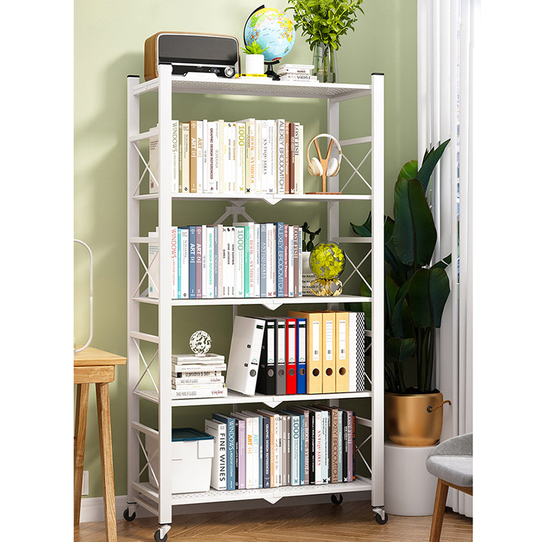 5 Tier Steel Foldable Display Stand Shelves with Wheels - White 