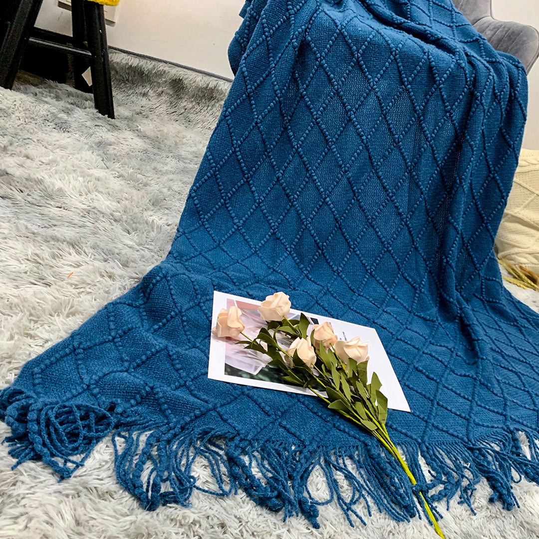 Throw Blanket Diamond Pattern Knitted Throw with Tassels - Royal Blue