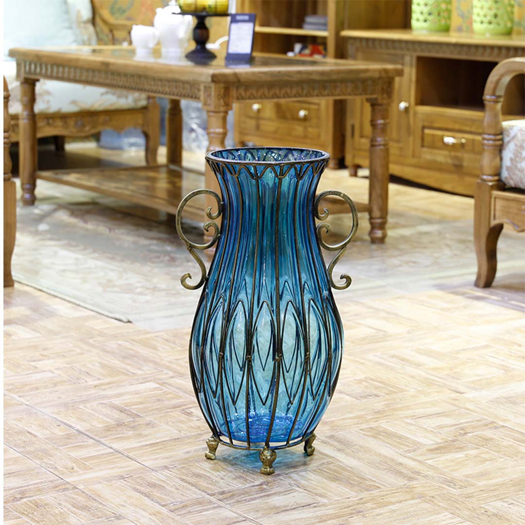 Blue Glass Tall Floor Vase & White Artificial Flower Set (10pcs) - 51cm tall