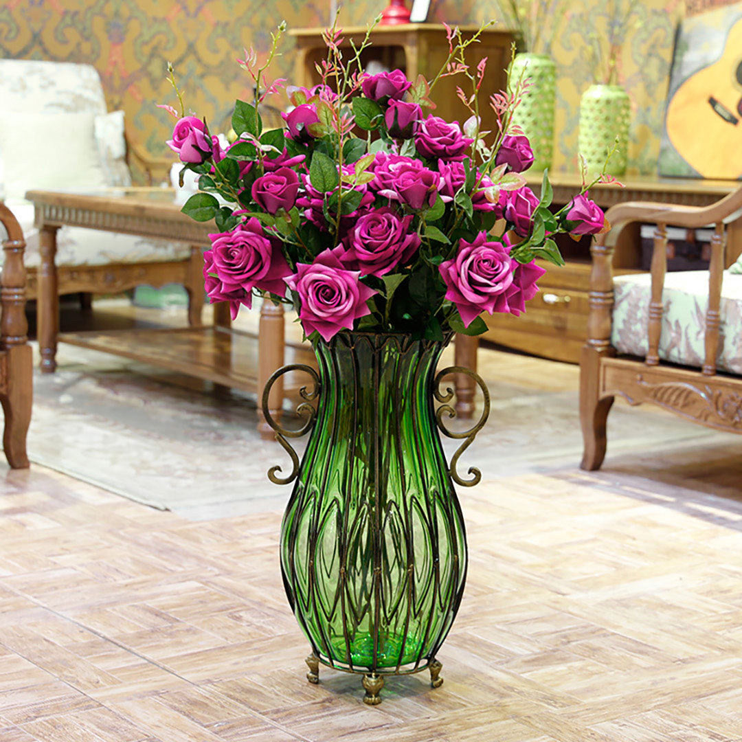 Green Glass Tall Floor Vase with 12pcs Artificial Pink Flower Set - 51cm tall