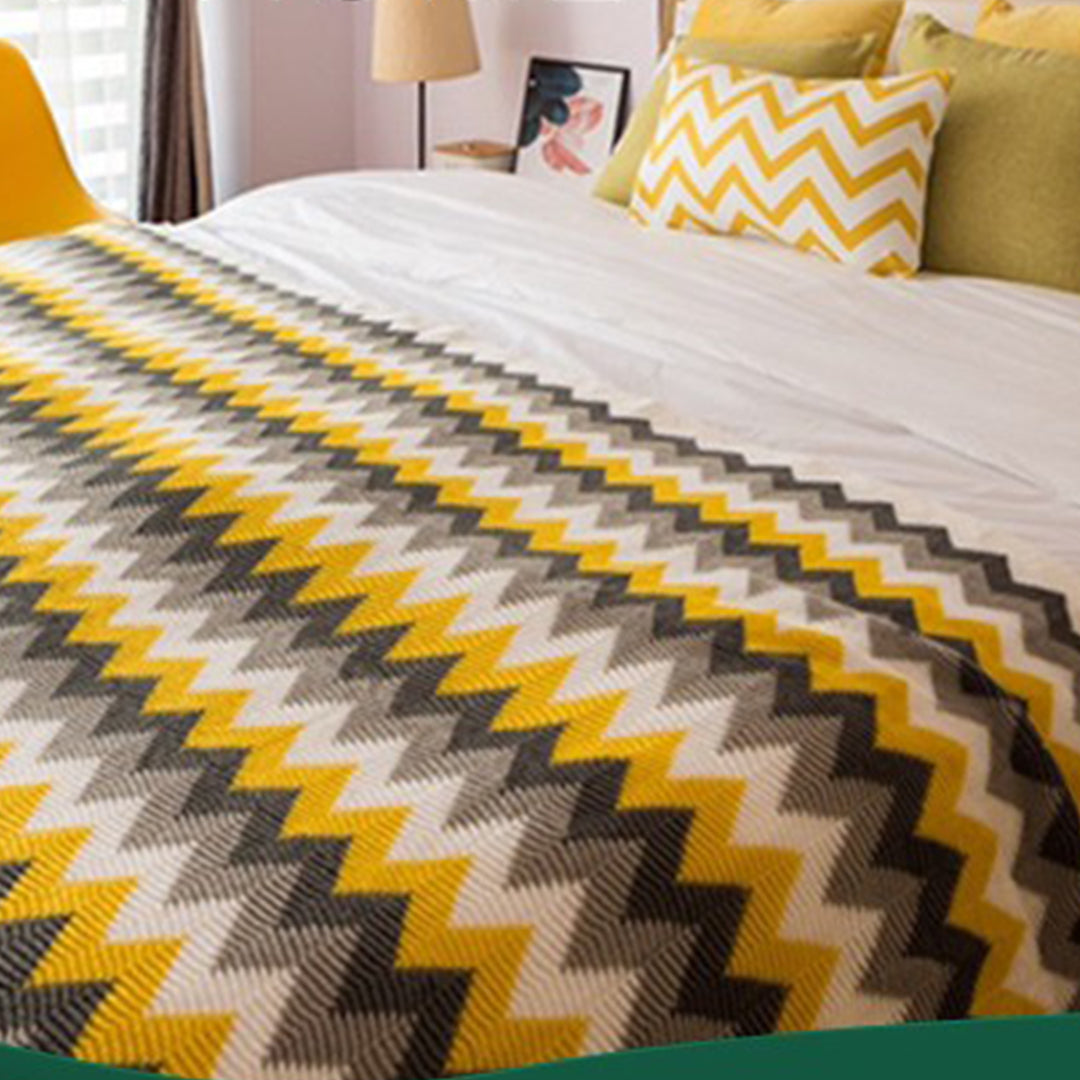  Zigzag Striped Acrylic Wave Knitted Throw Blanket Fringed - Yellow