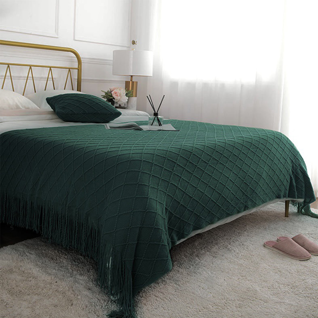 Throw Blanket Diamond Pattern Knitted Throw with Tassels - Green