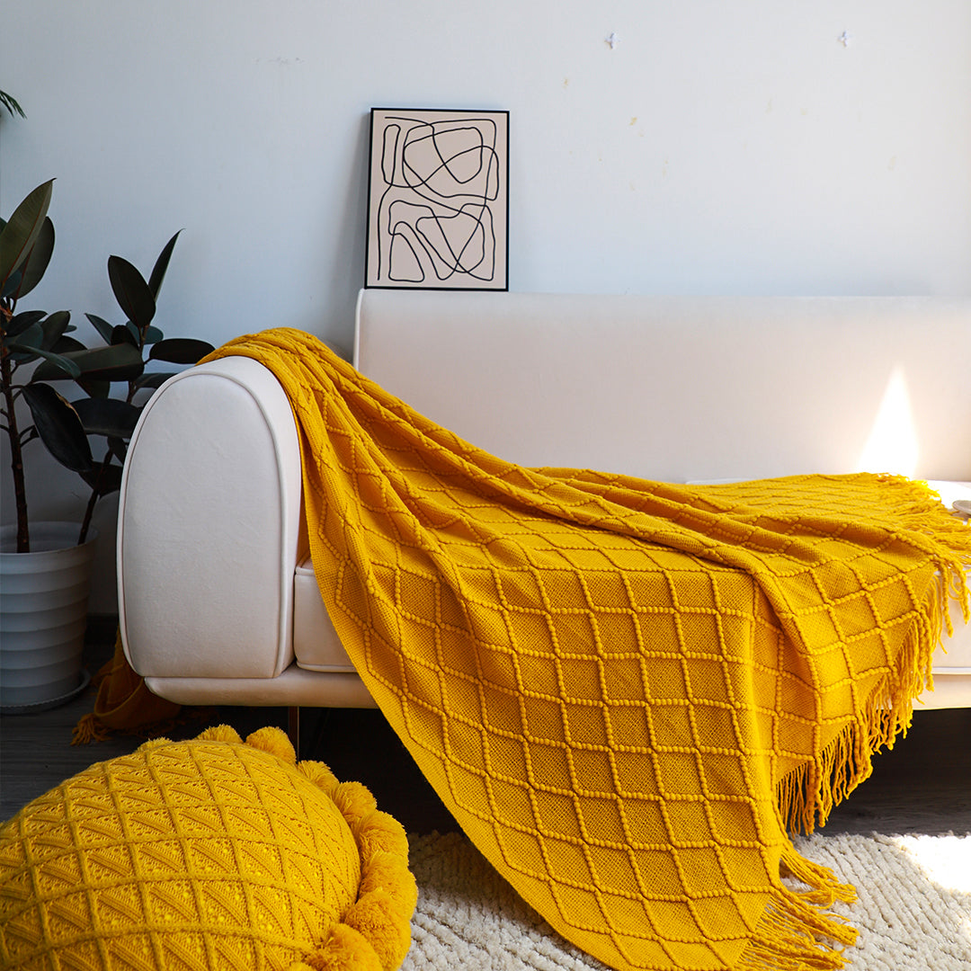 Throw Blanket Diamond Pattern Knitted Throw with Tassels - Yellow