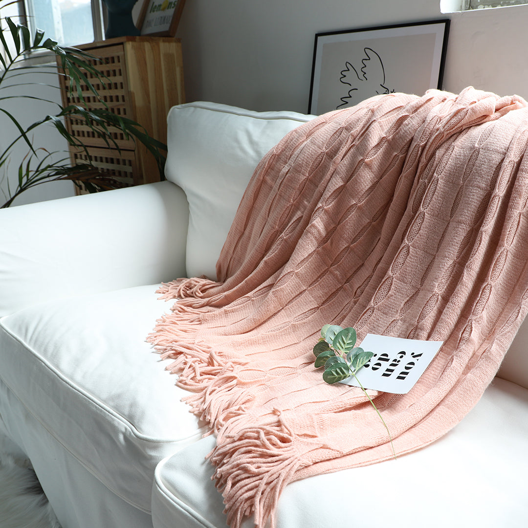 Textured Knitted Throw Blanket Cube Design with Tassels - Pink