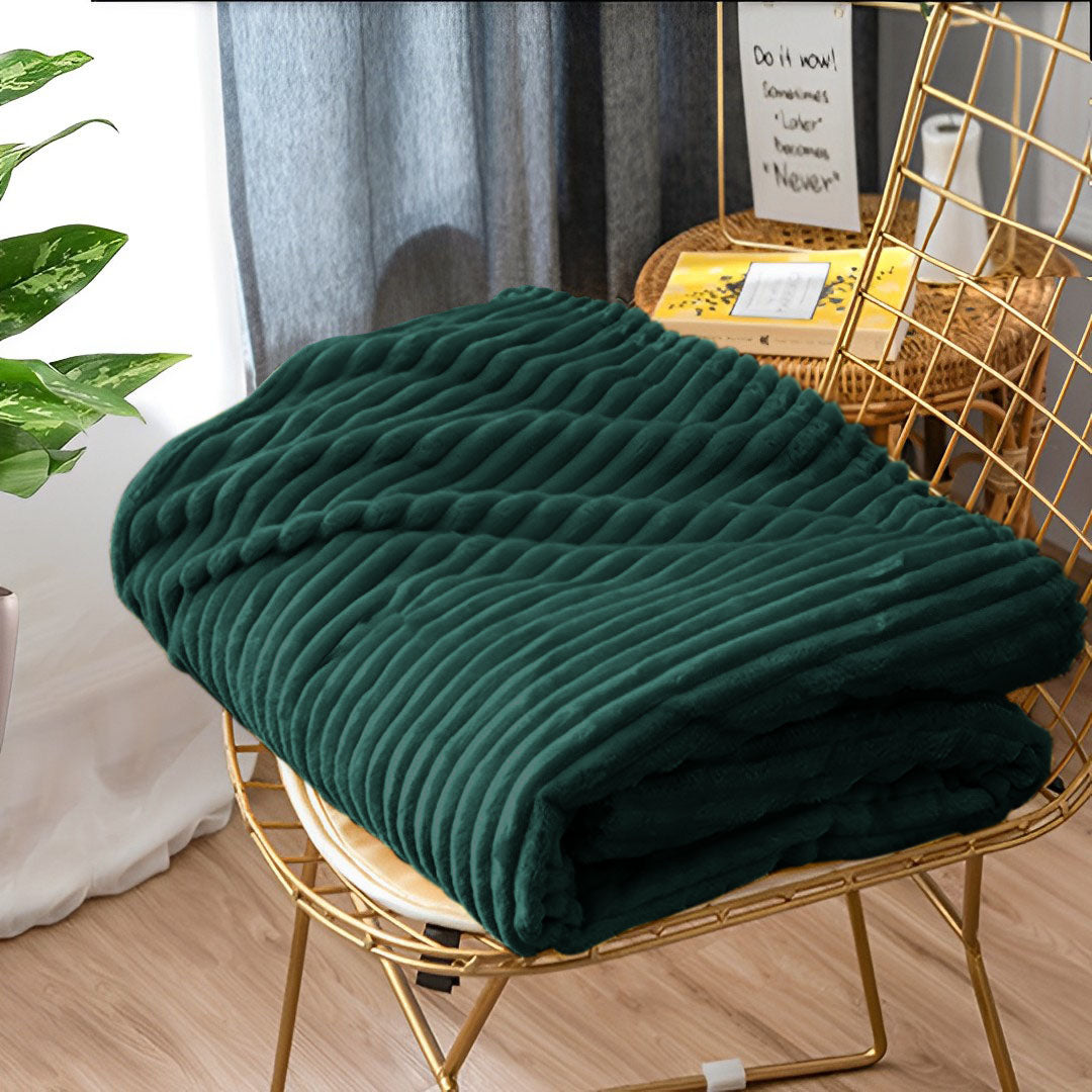Throw Blanket Knitted Striped Pattern - Dark Green