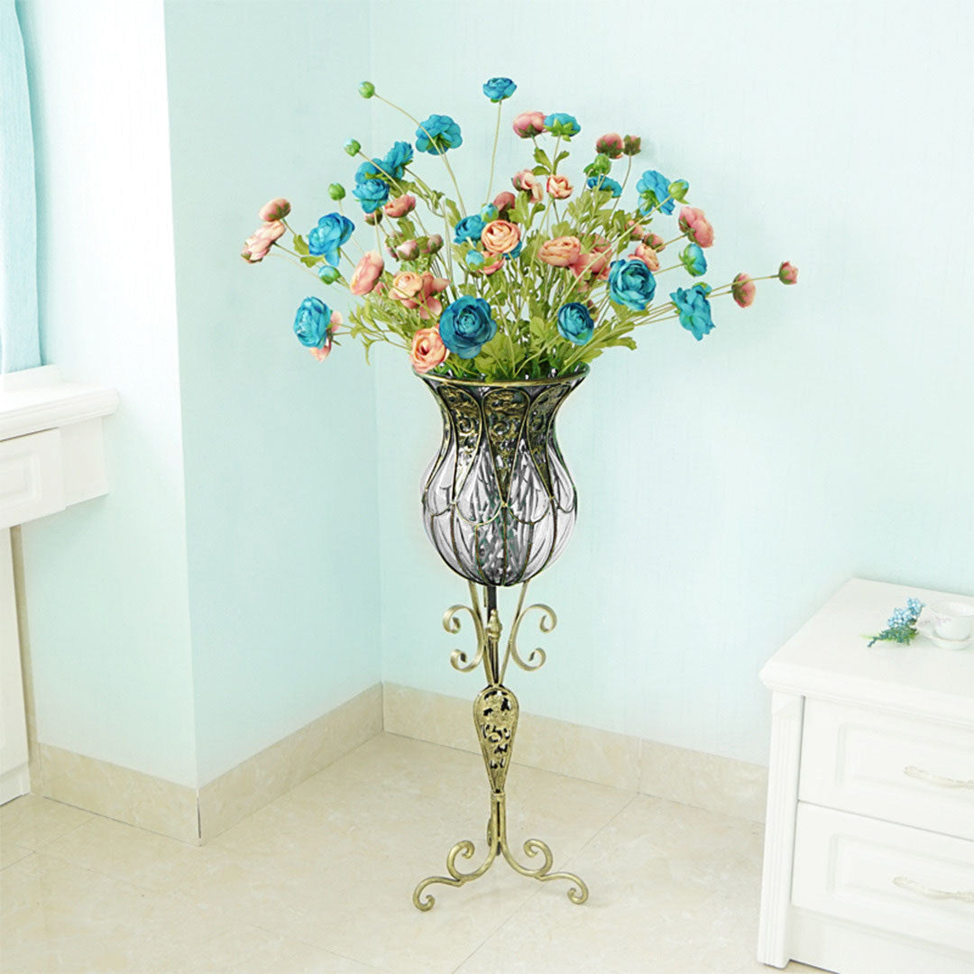 Clear Glass Tall Floor Vase with 12pcs Artificial Pink & Blue Silk Flower Set - 85cm tall