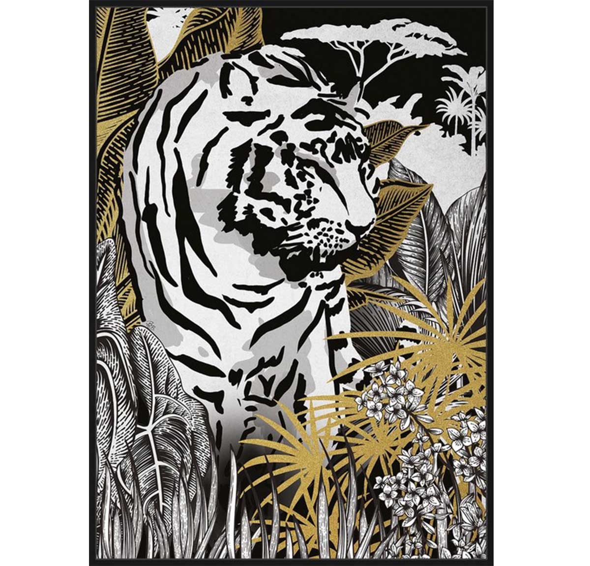 Golden Bengal Framed Canvas Art - Black/White/Gold