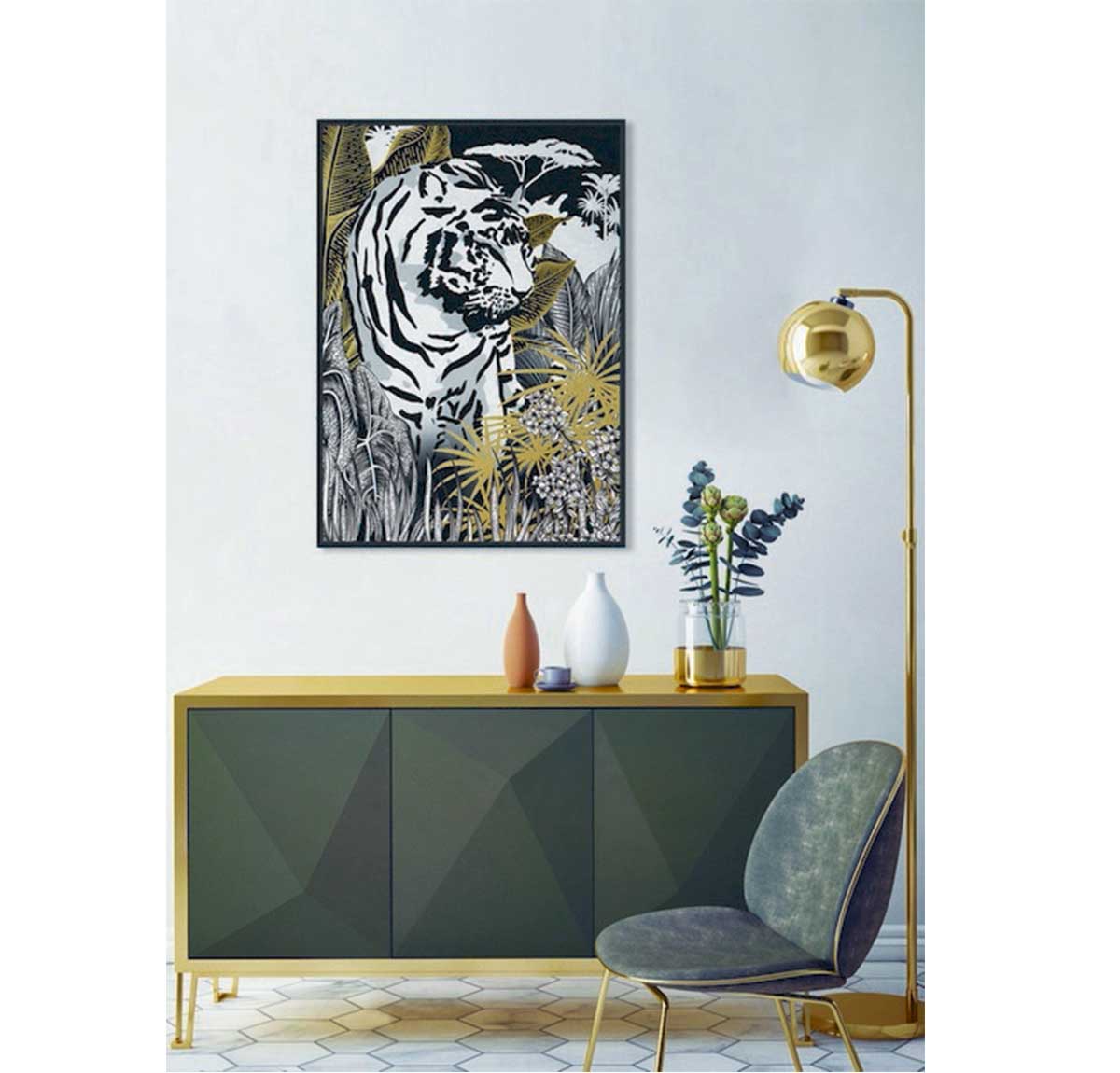 Golden Bengal Framed Canvas Art - Black/White/Gold