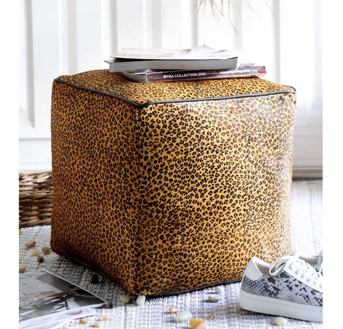 Leopard Hairon Leather Pouf - Square