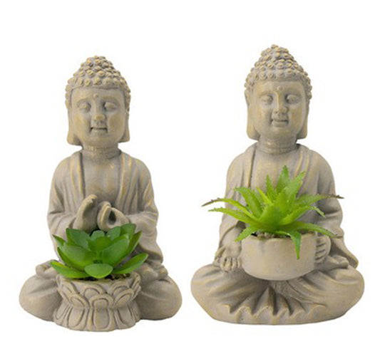 Pair Of Sitting Buddhas With Mini Succulents | Ornaments | Home Decor