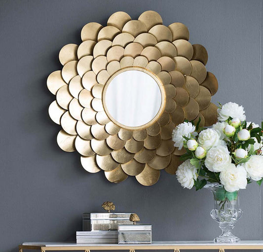 Floral Petals Round Wall Hanging Mirror - Gold