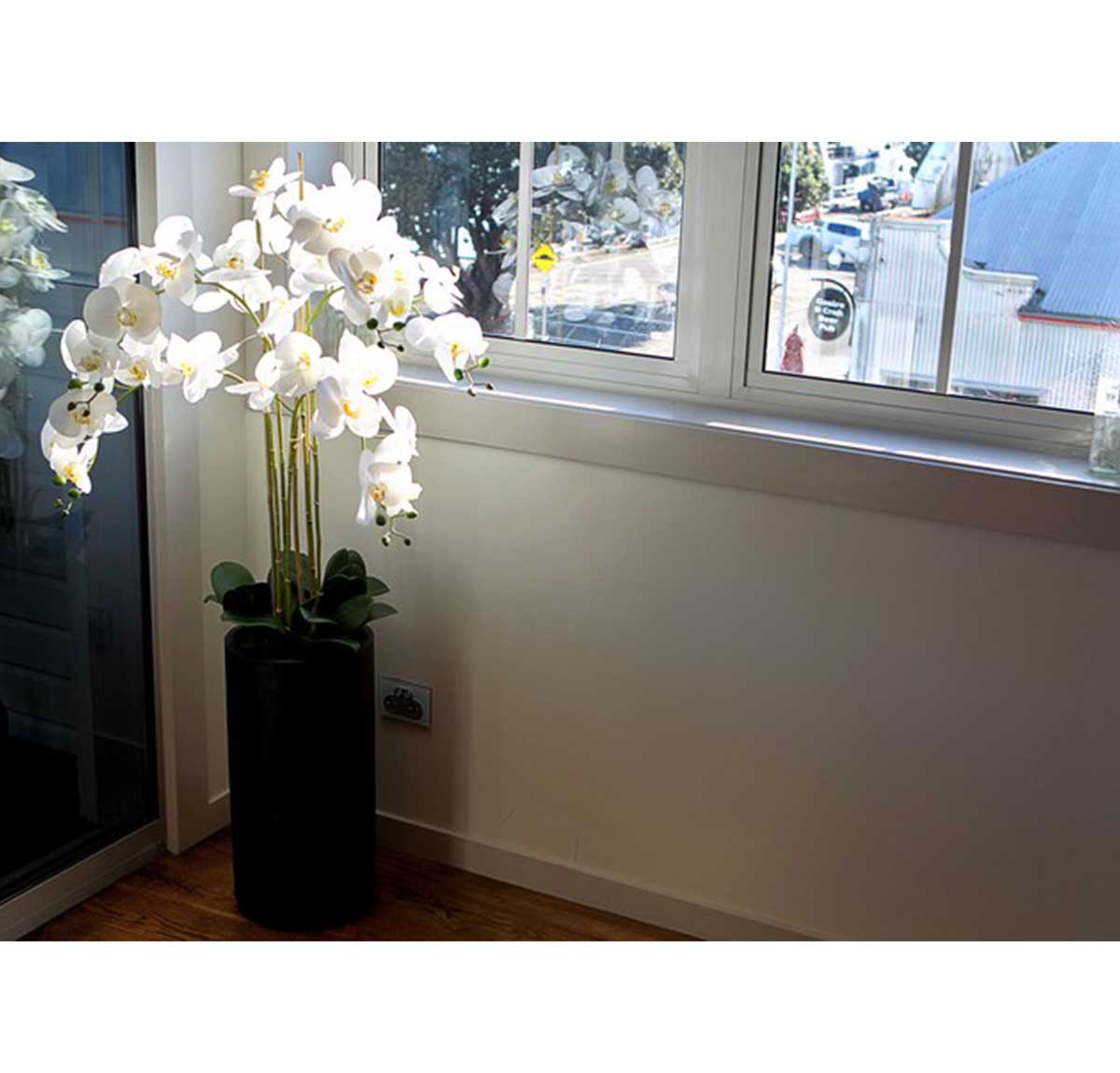 Artificial Real Touch White Orchid With Tall Black Pot - 5 spray - 1.3m