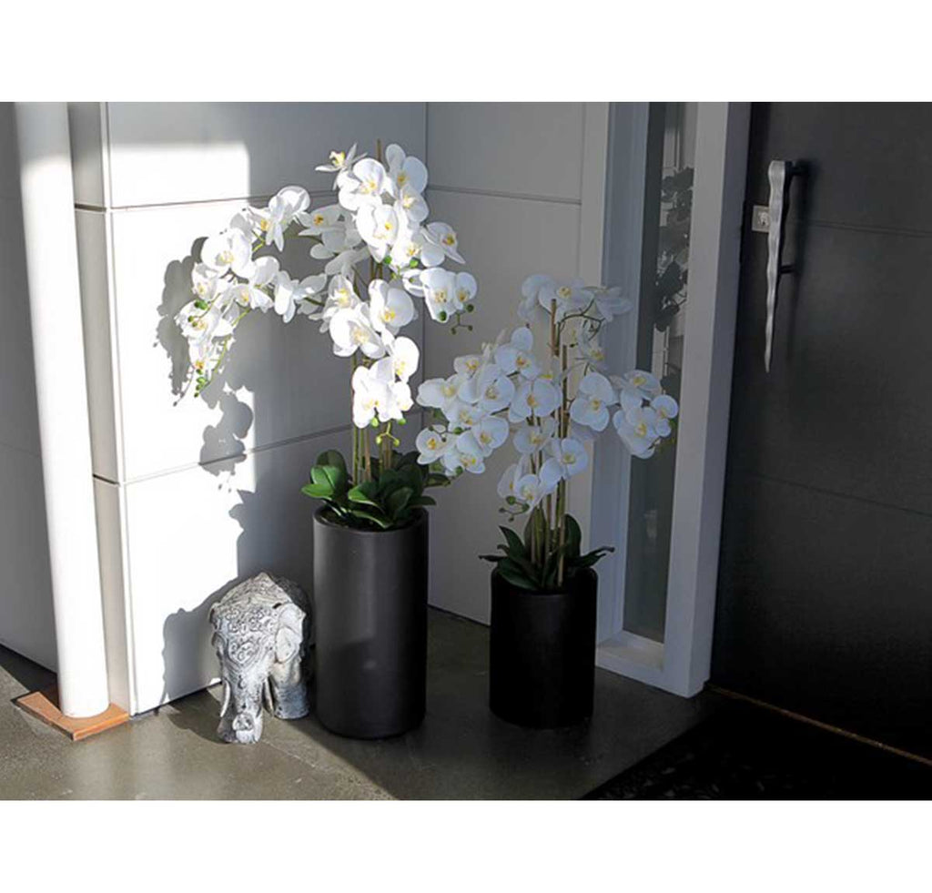 Artificial Real Touch White Orchid With Tall Black Pot - 5 spray