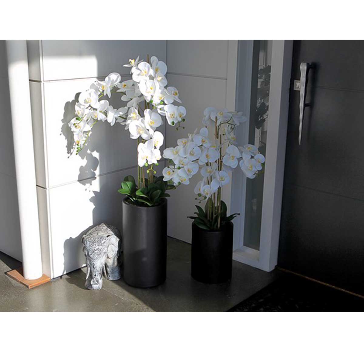 Artificial Real Touch White Orchid With Tall Black Pot - 5 spray