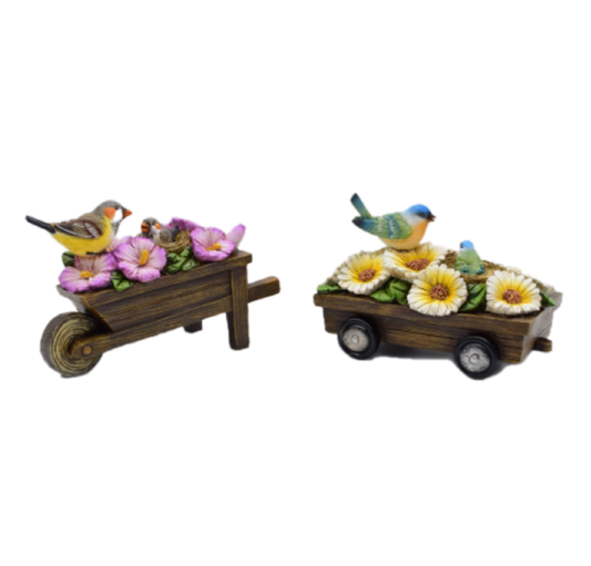 Birds & Flowers On Cart - Set of 2 - Poly Resin | Garden Decor | Mish Lifestyle