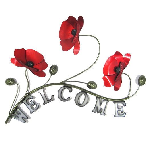 Poppies Metal Welcome Sign Wall Hanging Art - Red | Home Decor